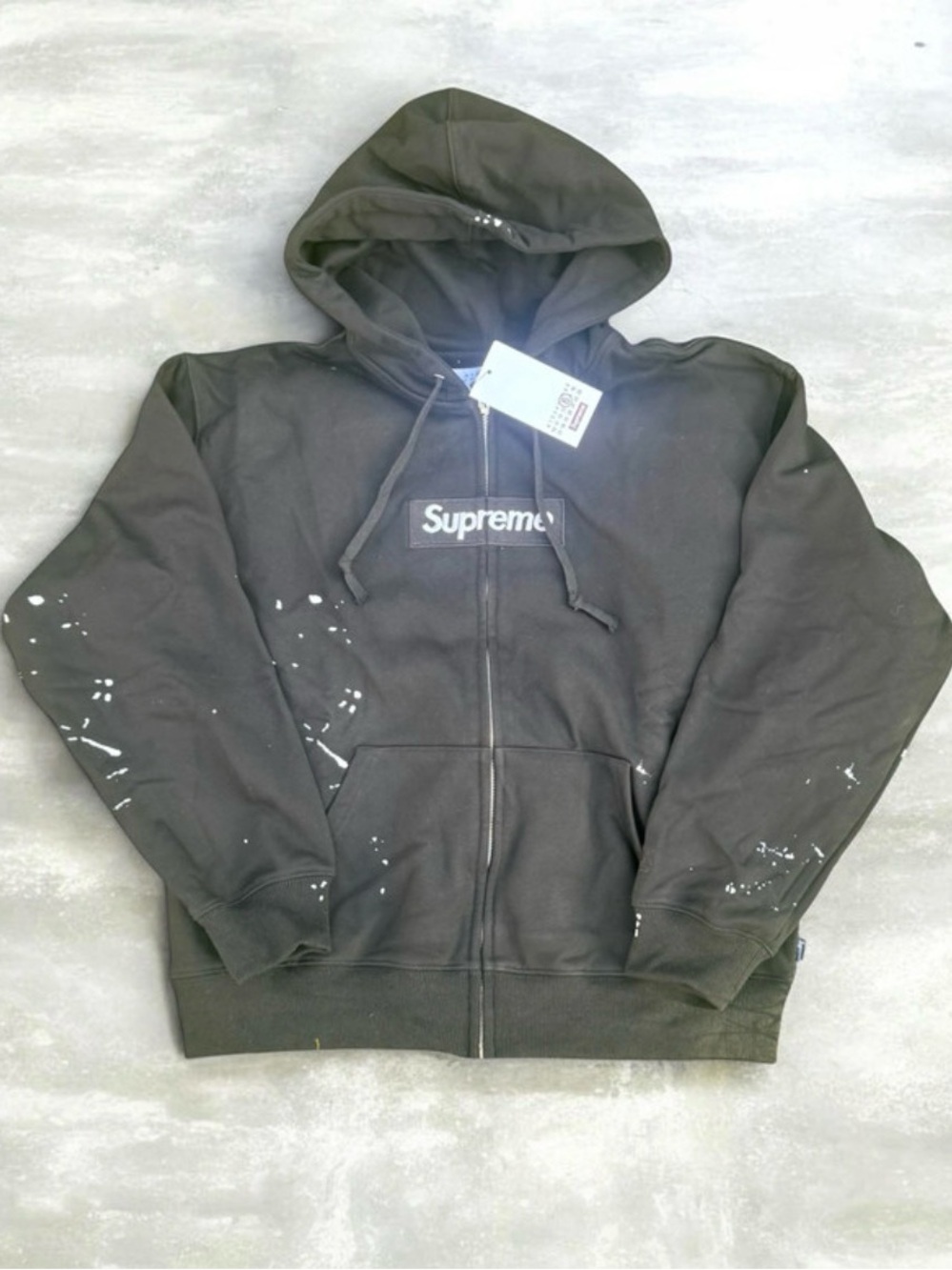 Supreme Black Zip-Up Hoodie with White Paint Splatter